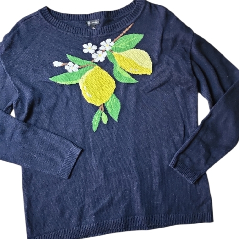TALBOTS | Navy Fresh Lemon Intarsia Cotton Blend Preppy Pullover Sweater | M - Picture 2 of 9
